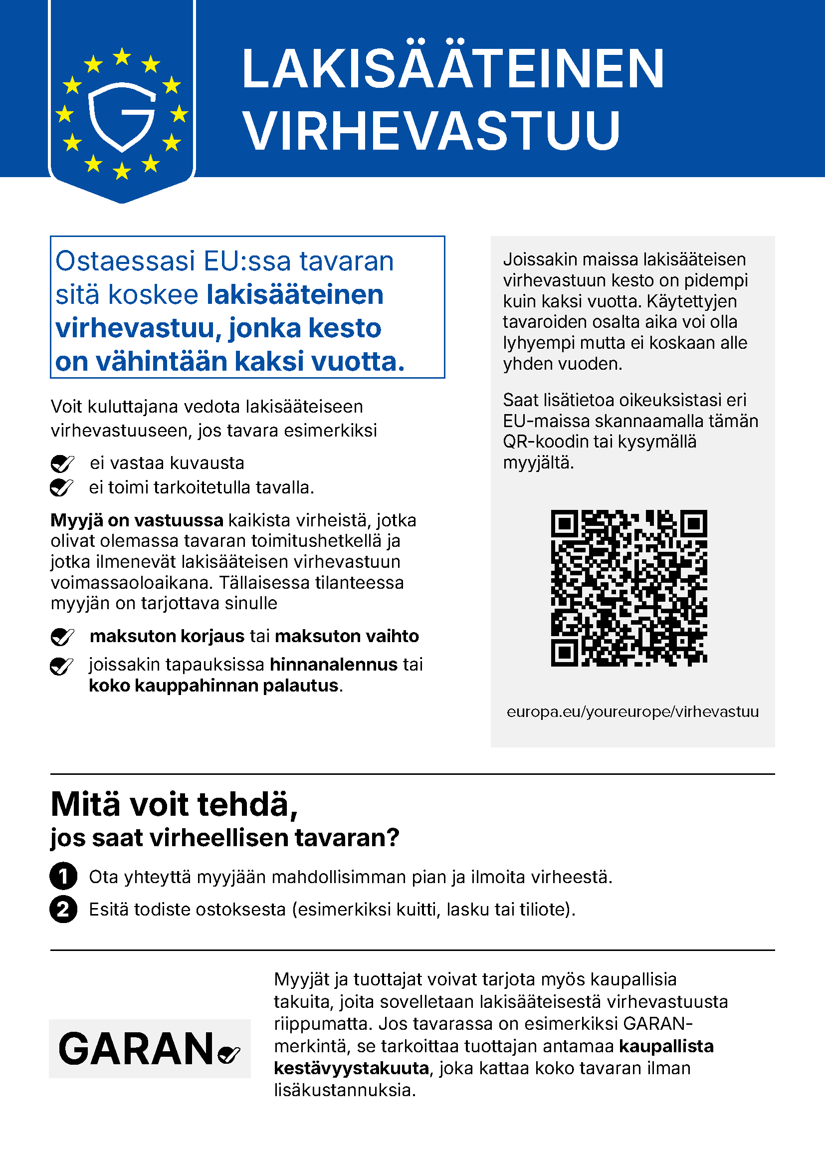EU:n yhdenmukaistettu ilmoitus lakisääteisestä virhevastuusta
